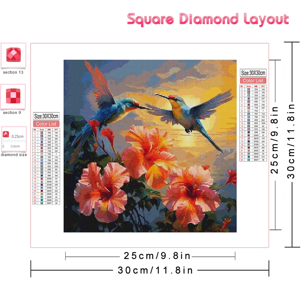 Huacan Diy Diamond Painting Flower Full Square Round Mosaic Animal Hummingbird Art Wall Decoration Craft Kit