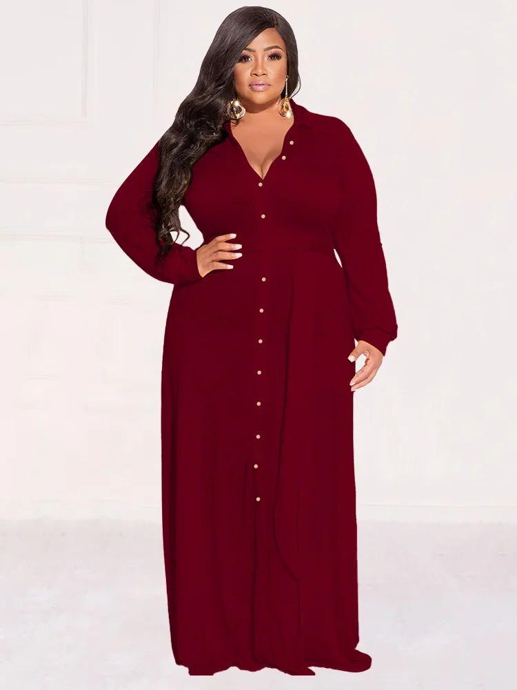 Wmstar Plus Size Dresses Women Fall Clothes Button Loose Solid Long Elegant Maxi Shirts Dress New Style Wholesale Dropshipping