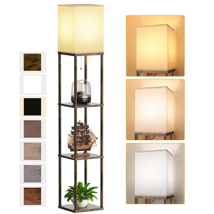 

Floor Lamp with Shelves for Living Room Brown, Shelf Floor Lamp with 3 CCT LED Bulb, Corner Display Standing Column Lamp Etager