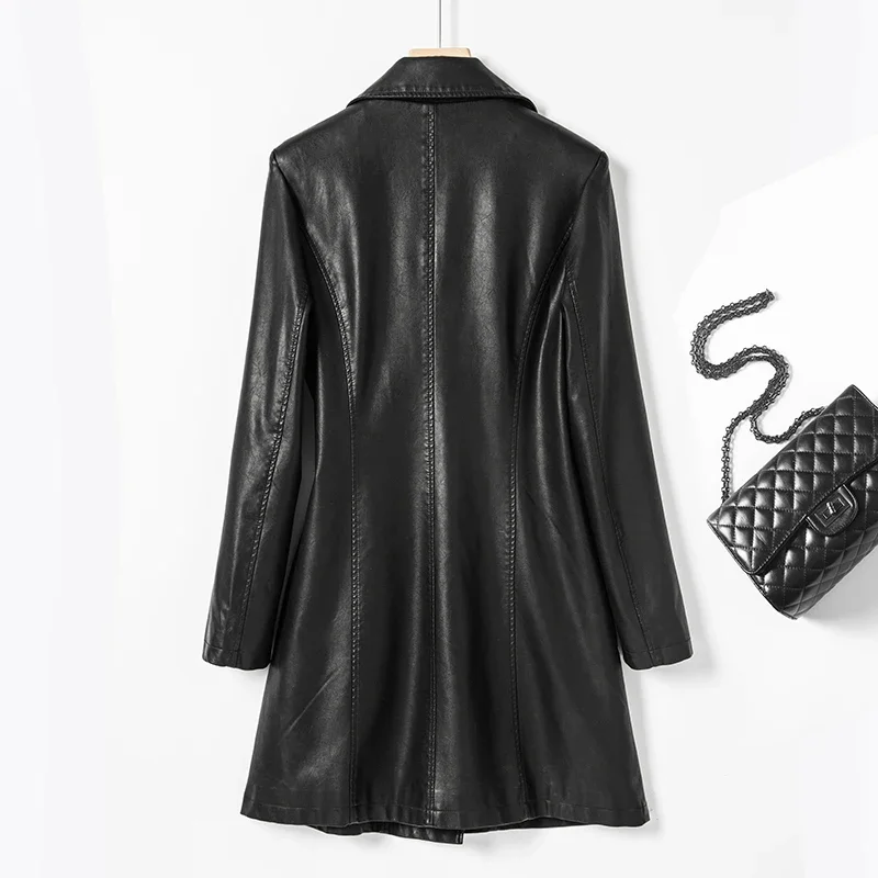 Spring Clothing Fashion Women Long Leather Trench Female High Street Button Faux Leather Jacket Coat YTNMYOP