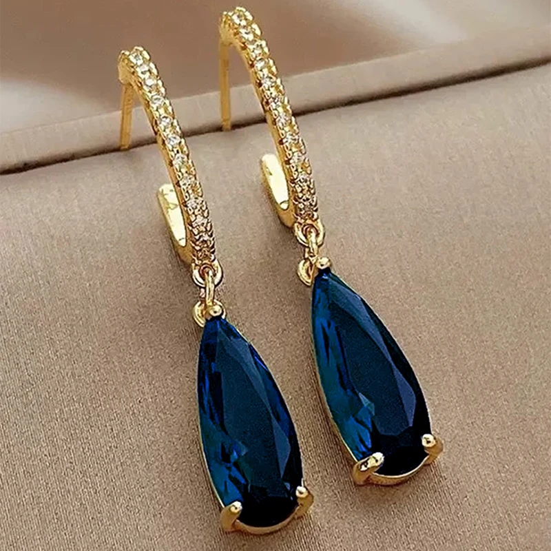 Huitan Birne Grün CZ Tropfen Ohrringe für Frauen Temperament Gold Farbe Ohr Hängen Ohrringe Büro dame Luxus Trendy Schmuck – Detail 15