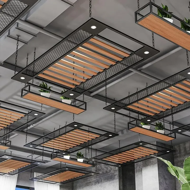 Wrought Iron Grid Ceiling with Plastic Wood and Barbed Wire Decoration for Theme Restaurants Bars BBQ Shops Clothing Stores