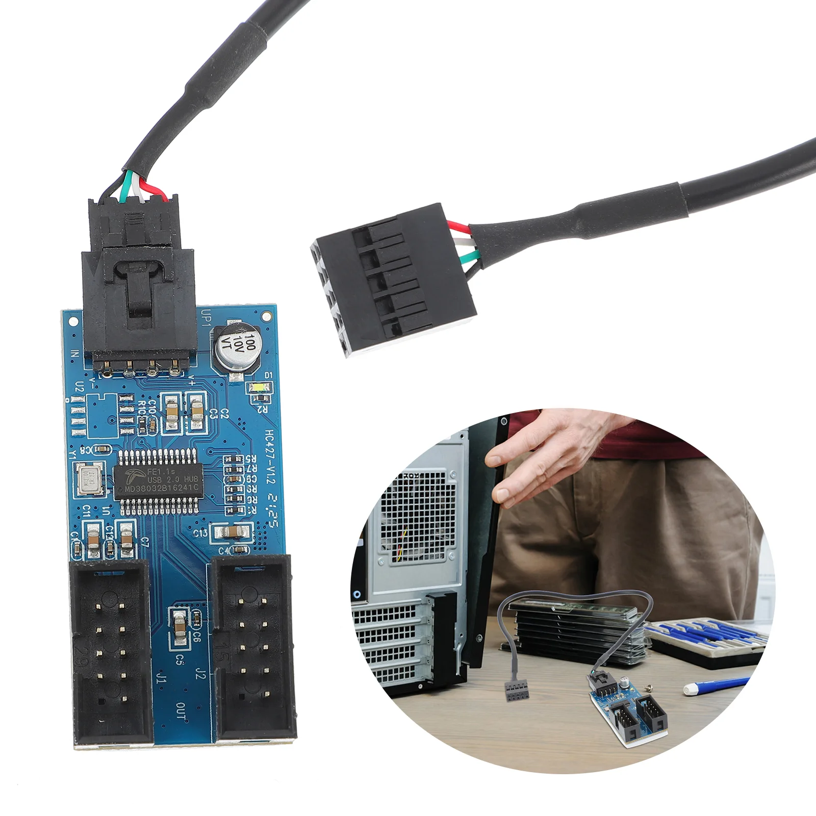 USB2.0-Verlängerungssplitter, 9-poliger Port-Multiplikator-Adapterkabel für Motherboard, PCB-Konverter, Riser, abgeschirmt, einfache Installation