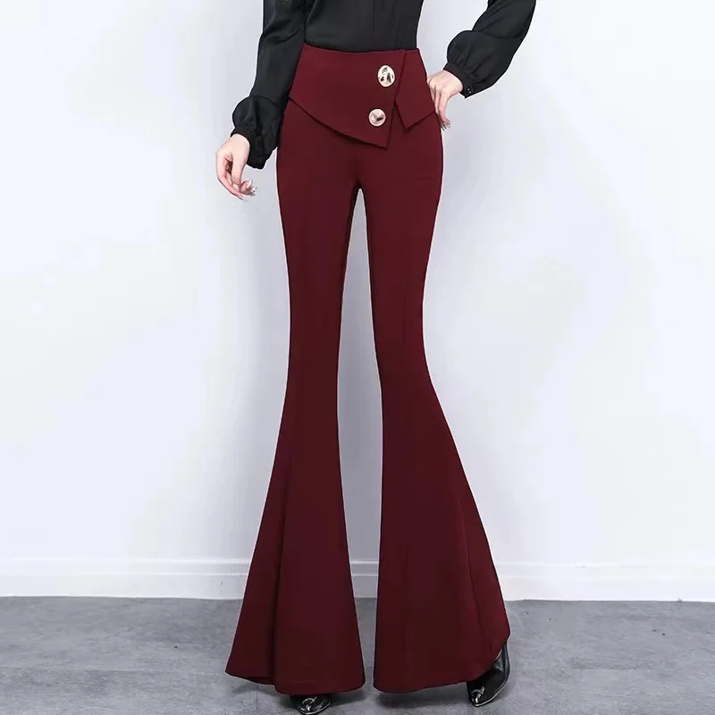 Pantalones acampanados grandes de cintura alta con botones para mujer, pantalones ajustados drapeados de color rojo vino, pantalones elegantes de