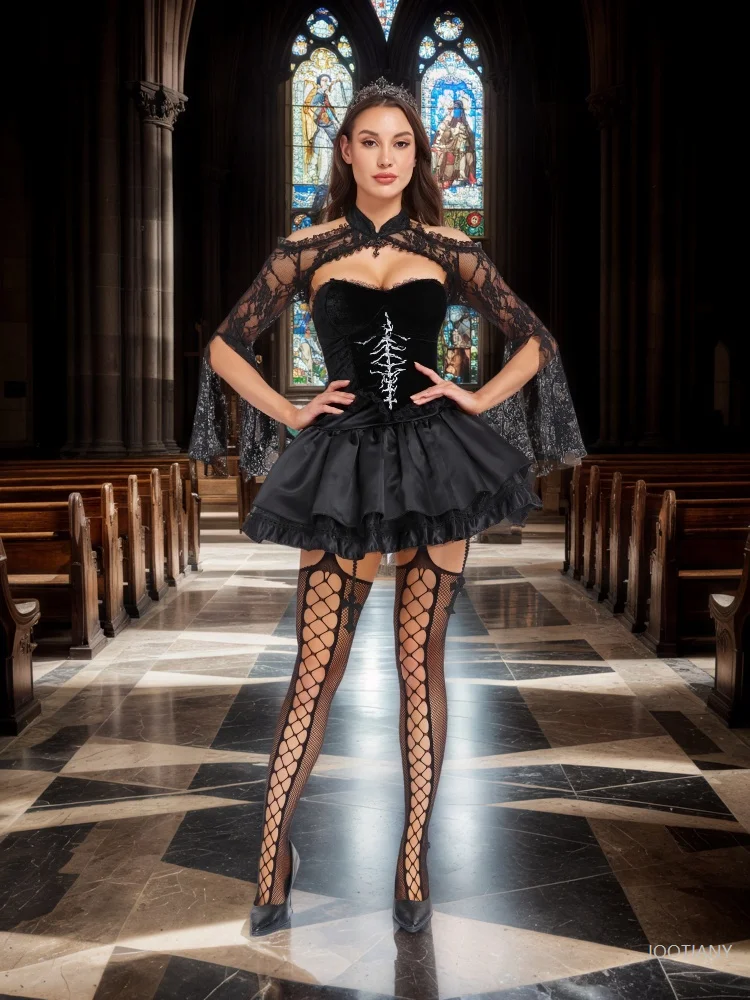 

Sexy Punk-style Short Lace Shawl Cosplay Halloween Y2k Gothic Style Top And Skirt Adult Women's Nun Plush Strapless Uniform Set
