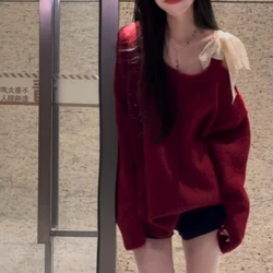 Christmas Atmosphere Sweater for Women with Bow High-end Lazy Chic and Unique Off-shoulder Pullover Top