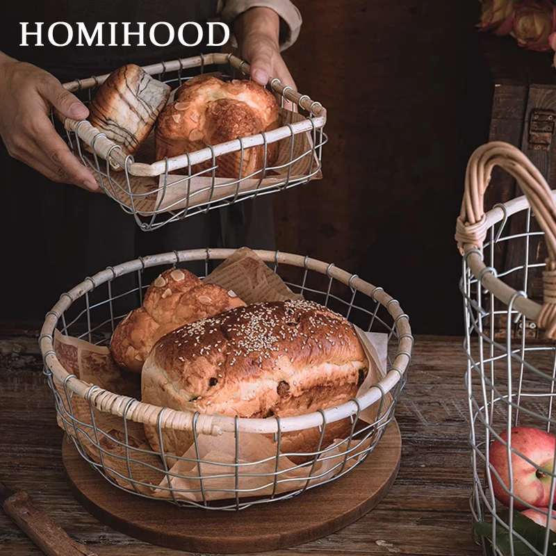Vintage Hand Braid Rattan Iron Art Retro Round Square Basket Metal Storage Tray Bread Cake Snack Plate Holder Photography Props