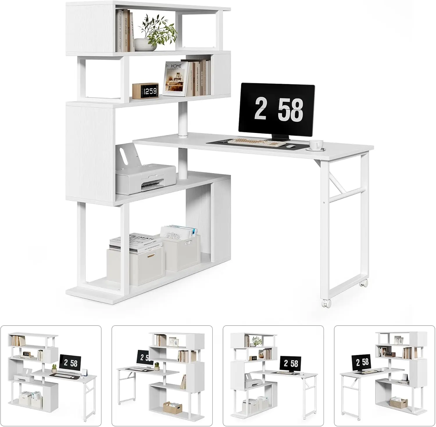 Little Tree White Rotating Desk With Bookshelf, L-Shaped Computer Desk With Shelves, Reversible Writing Desk And Bookcase Combo