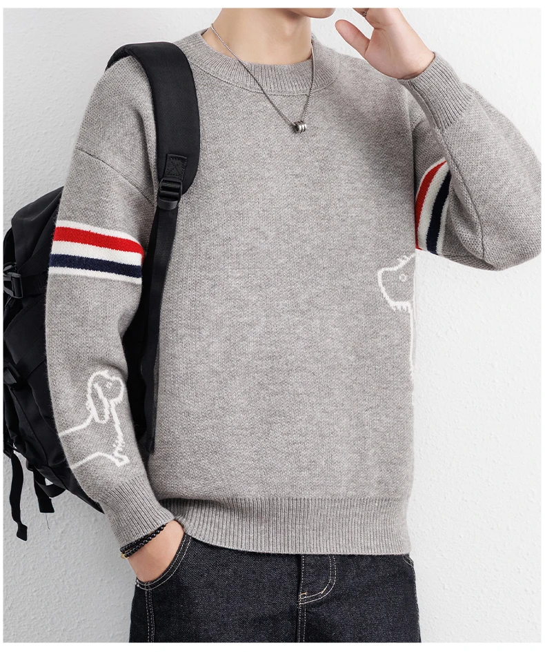 High-End-Marke Pullover Herren Herbst Winter Neue süße Welpen Druck Mode gestreifte Knopf Design Freizeit Komfort Warm Rundhalsstrik Sweater – Detail 8