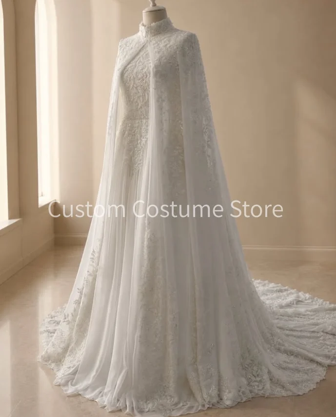 Luxury Two Pieces Islam Modest Wedding Dresses With Cape Wrap High Neck Hijab Henna Caftan Bride Gown Outfit customized