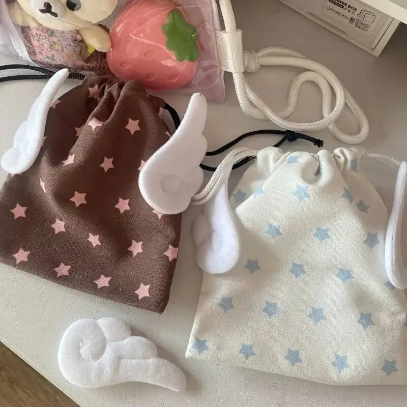 Trekkoord Vleugels Ster Afdrukken Geplooide Tassen Met Top-Handvat Alle Match Y2k Esthetische Vrouwen Portemonnees Vintage Trendy Casual Mini Handtassen