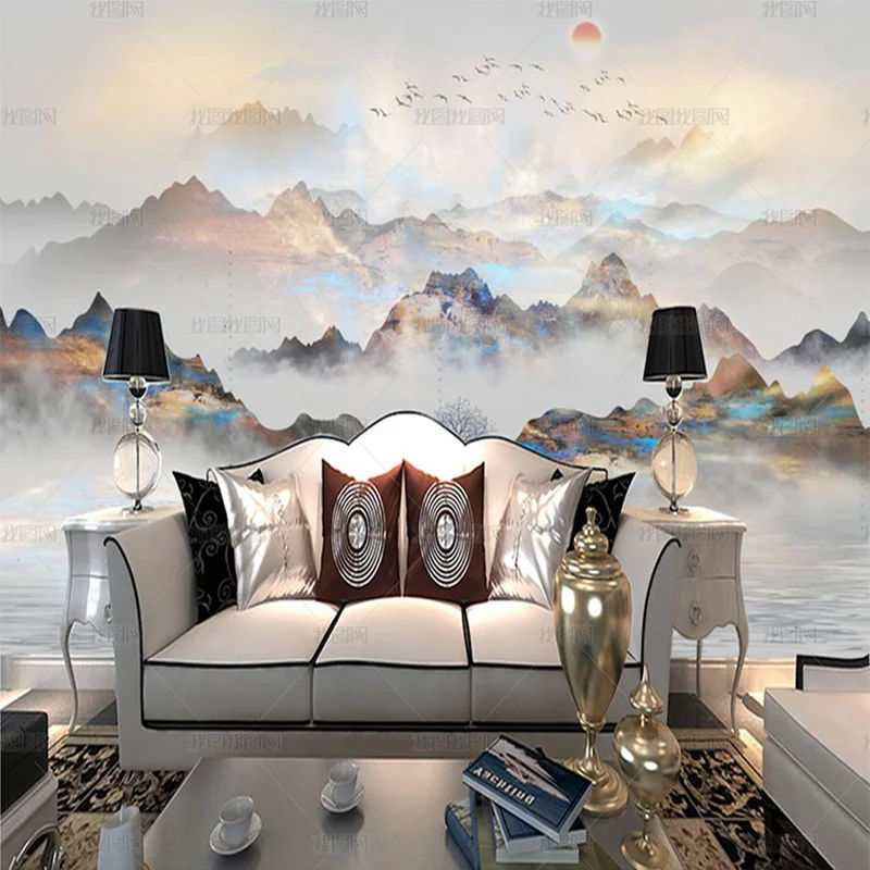 custom 3d Contracted new Chinese style wallpaper golden landscape painting mural modern sitting room TV background bedroom 8d