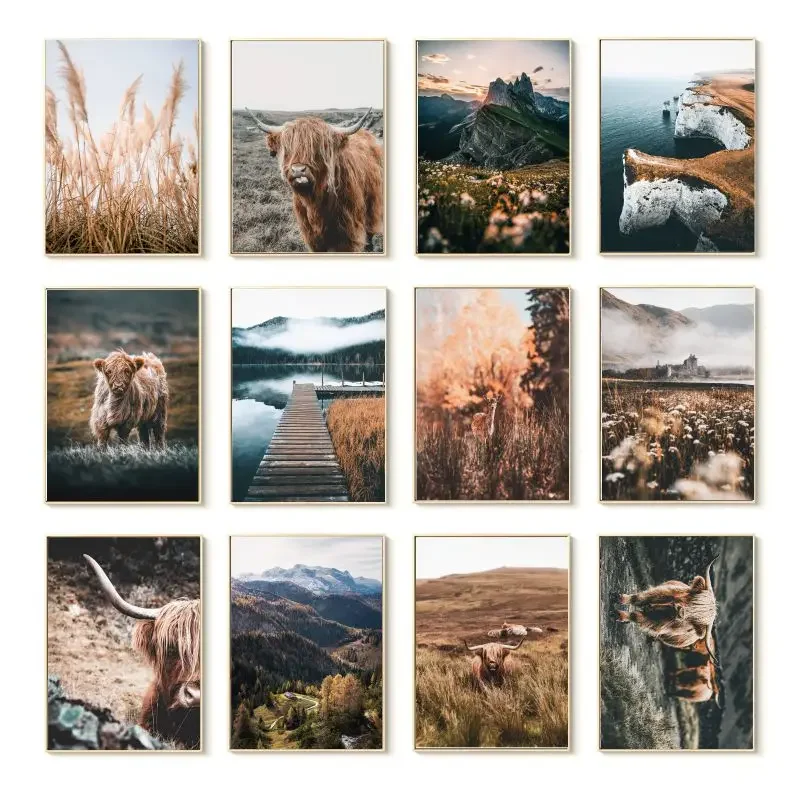 Toile d'impression d'art nordique, peinture de plantes, prairie, paysage, affiche de vache des Highlands, image de maison, salon, décoration murale de canapé