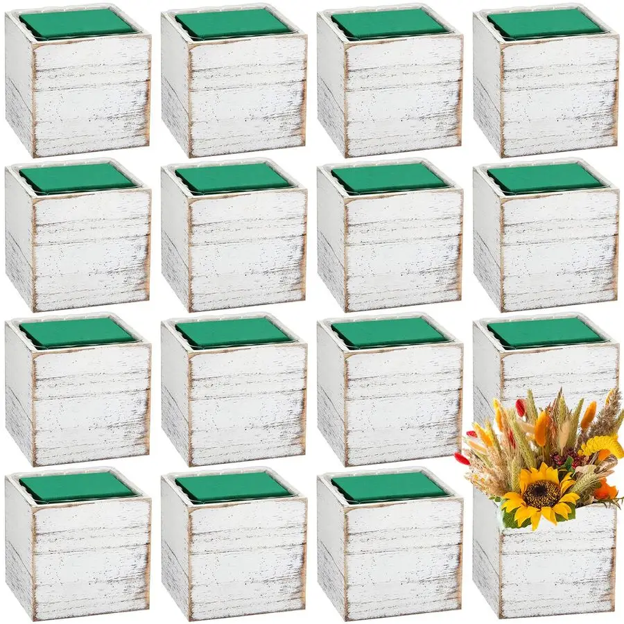 

18 Sets Wooden Cube Planter Boxes for Centerpiece 4 Inch Flower White Wood Rustic Square Vase with Removable Plastic Liner Flora