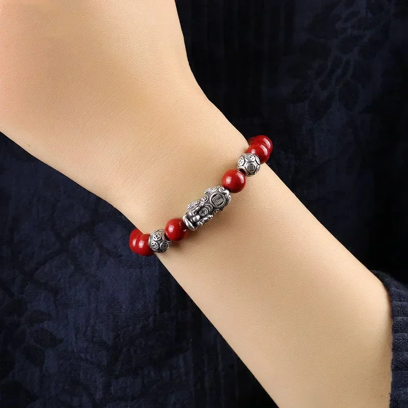 Ore Purple Golden Sand Natural Cinnabar Bracelets Round Beads With Tibetan Silver Pixiu Bracelet for Women Fashion Jewelry