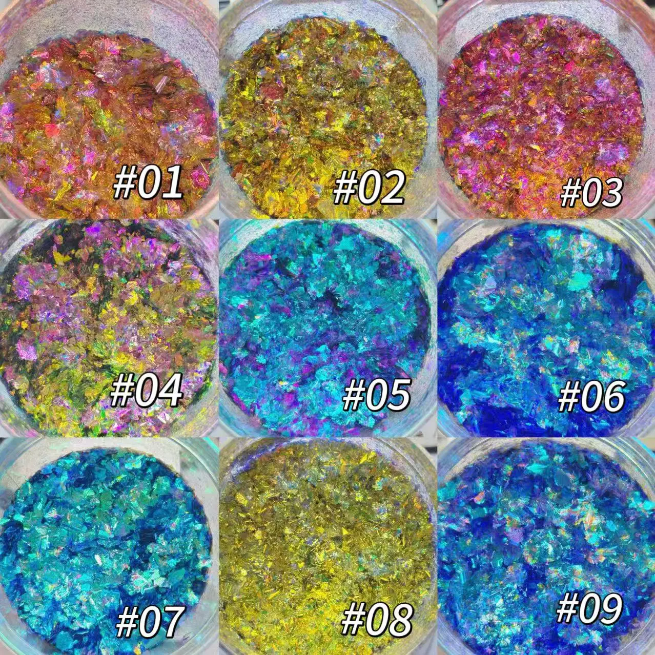

9 Colour Opal Color Changing Metallic Foil Flakes Multichrome Chunky Chameleon Flake for , Nail Art Decoration