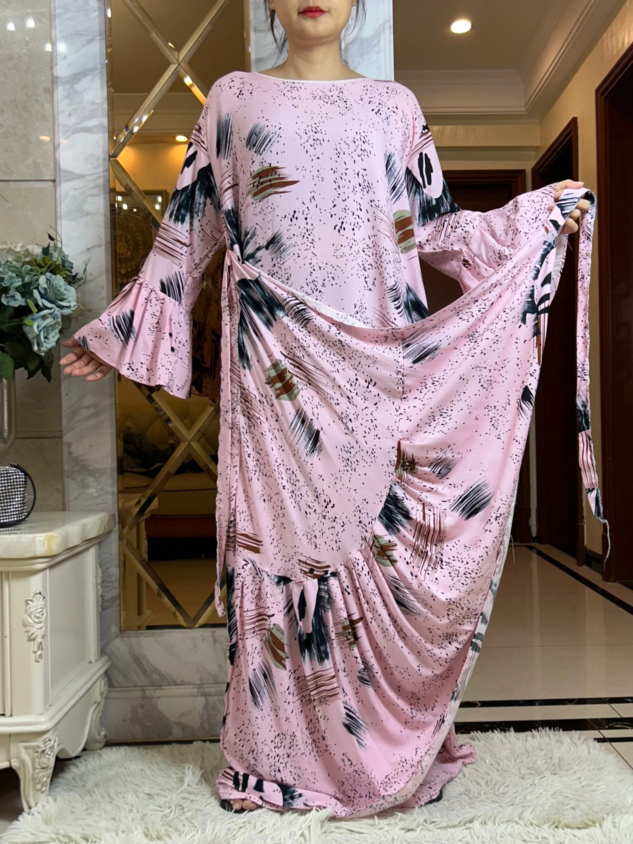 Latest Dubai Fashion Lady Clothing Soft Cotton Printing Loose Maxi Islam Women  Long Sleeve African Abaya Dress With Scarf