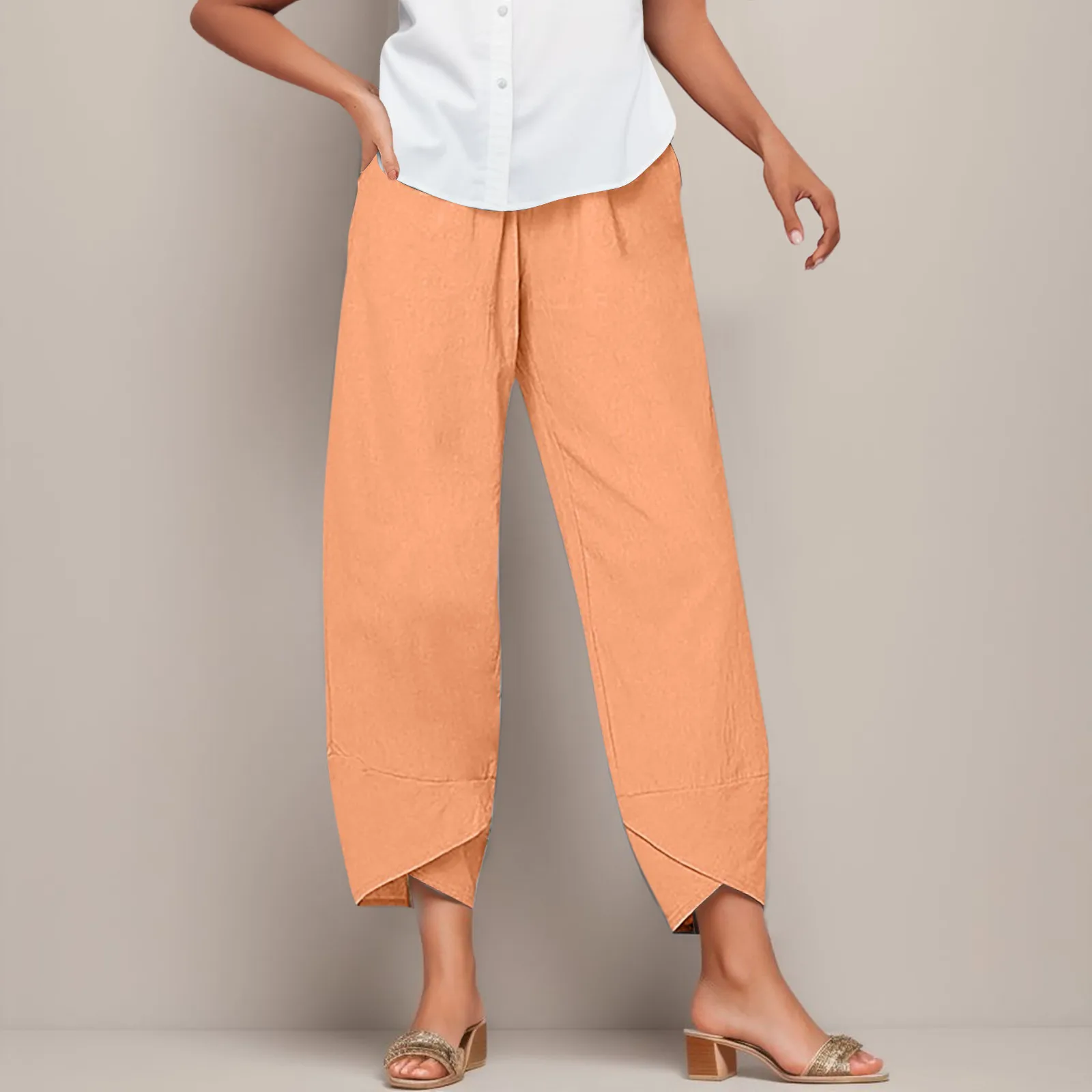 2024 Women Casual Pants Loose Comfort Elastic Waist Harem Pants Vintage Solid Casual Pockets Wide Leg Trousers Cropped Pants