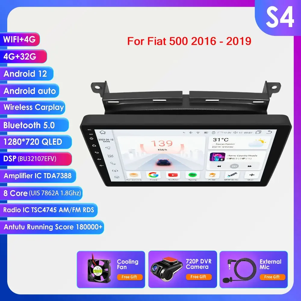 Hizpo 9 ''Draadloze Carplay Android Auto Auto Multimedia Speler Voor Fiat 500 2016 2017 2018 2019 Carplay 4G Autoradio 360 ° Camera