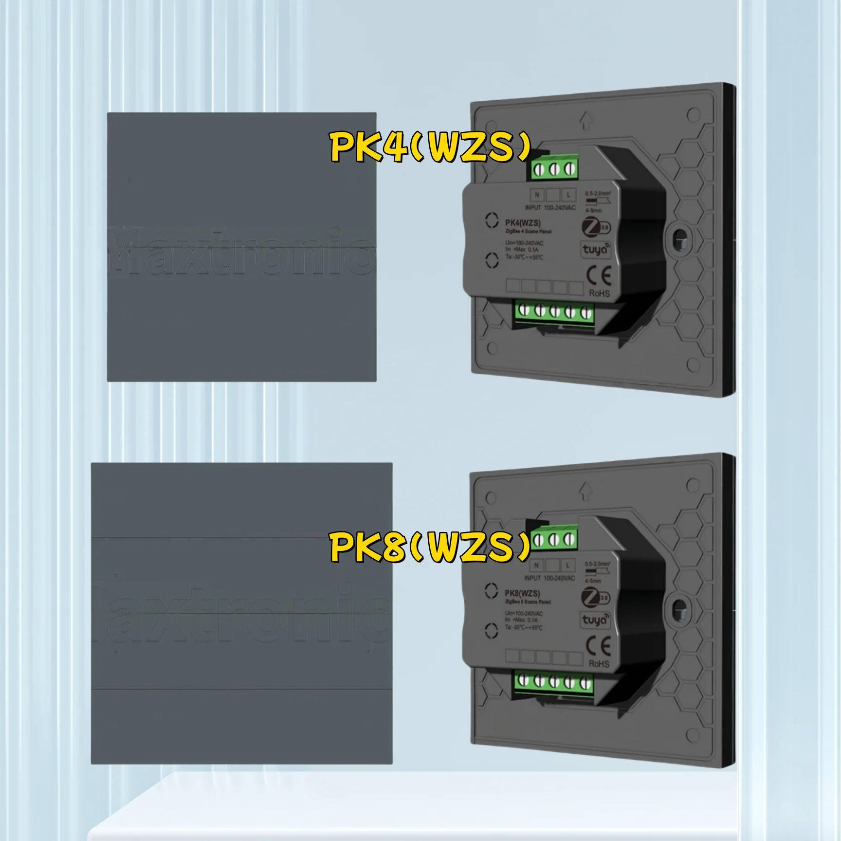 

PK4/8 Button Wall Mounted Touch Panel Smart 100-240VAC Zigbee 3.0 Dimmer Switch Through Tuya APP Has Scene Recall For LED Lights