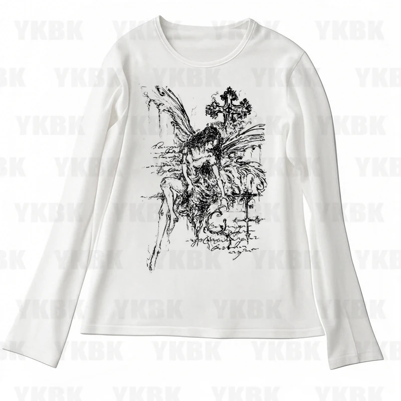 

Kawaii Girls Long-sleeve Print Anime Tees Y2k Style Fashion Tops Streetwear Women Harajuku Retro 90s Emo Casual Punk Baby Gothic