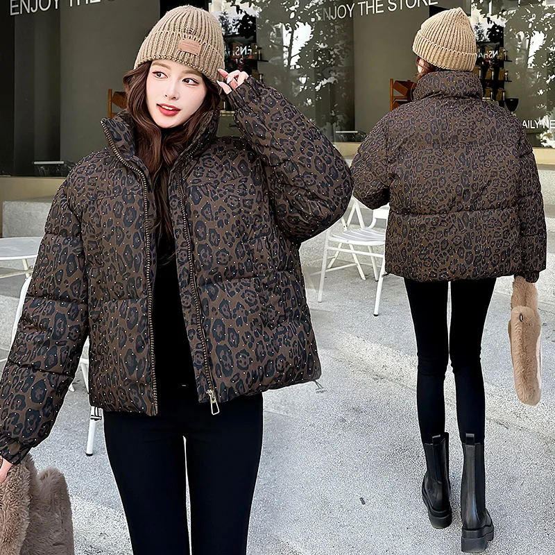 

Leopard Print Women's Cotton Jacket Loose Fit Winter Warm Stand Collar Zipper Quilted Padded Crop Y2K Parka Outerwear for Female