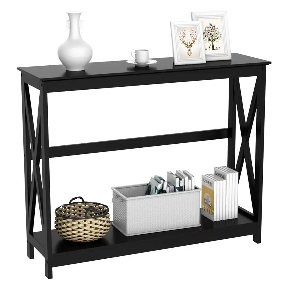 Narrow Black Entryway Console Table, 2-Tier X-Frame Storage Shelf | Slim Depth Fits Small Entry Ways, Hallways and, Customized