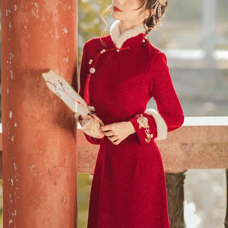 Женское новогоднее платье Cheongsam для косплея, утолщенное зимнее платье с длинными рукавами, тонкое элегантное китайское традиционное Ципао для новогоднего наряда