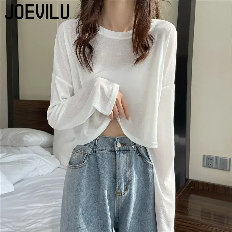 Long Sleeve Thin Crop Top Summer Knitted Ice Silk Sunscreen Blouse Women\'s Fashion Loose White Tops Korean Expose Navel Y2k Tee