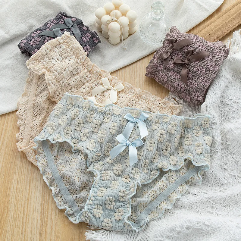 Women\'s Floral Bubble Lattice Cotton Panties Mid-Rise Breathable Underwear with Bow Decor Multi-Color Cute Daily Wear