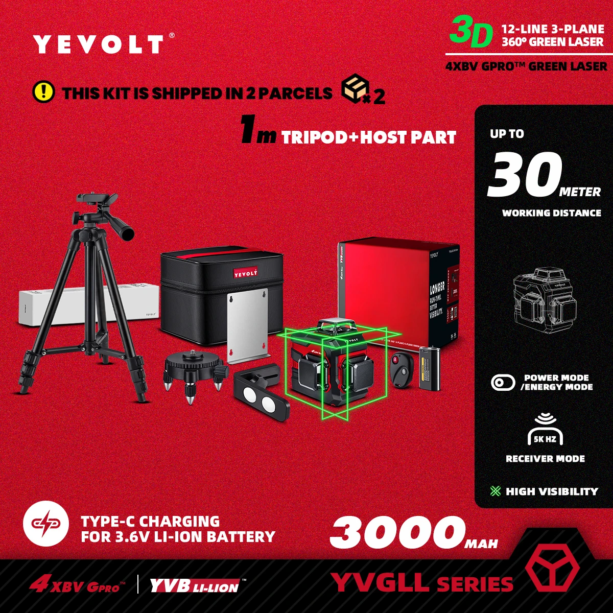 YEVOLT TL-YVGLL4XS12B1P Series Green Laser Level 3-Plane 12-Line Self-leveling 360 3D Power Measuring Tools-1M Aluminium Tripod