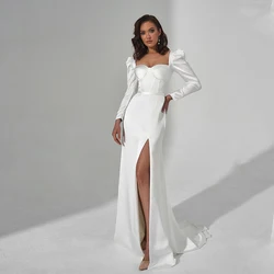 Civil Long Puff Sleeve Mermaid Wedding Dress Sweetheart Side Slit Beach White Satin Bridal Gown For Bride Corset Robe De Mariee