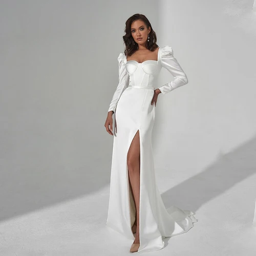 Vestido De novia De sirena De manga larga abullonada Civil, vestido De novia De satén blanco con abertura lateral y escote Corazón, corsé para novia
