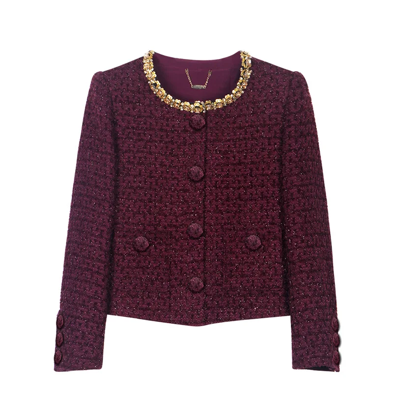 Crew neck beaded small fragrant jacket temperament fashionable and comfortable hand-drilled woven jacket