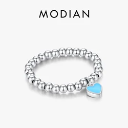MODIAN 925 Sterling Silver Blue Enamel Heart Love Minimalism Adjustable Beads Rings Trendy Exquisite Fine Jewelry For Women Gift