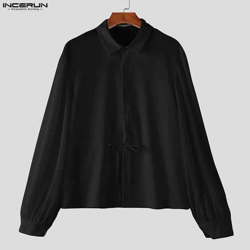 INCERUN Men Shirt Patchwork Lapel Long Sleeve Hollow Out Lace Up Tops Male Shirts Streetwear 2026 Fashion Party Men Clothing
