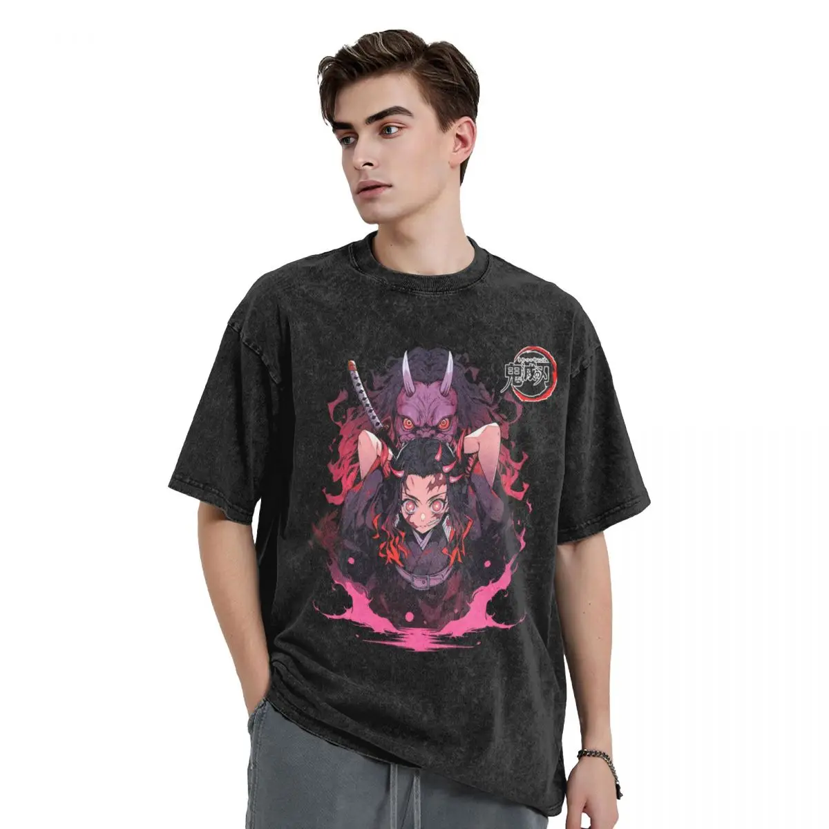 DEMON SLAYER woman Men Washed T-Shirt Hot stamping Print Tees,Harajuku Cotton Tshirt Men's Summer Short Sleeve Tees