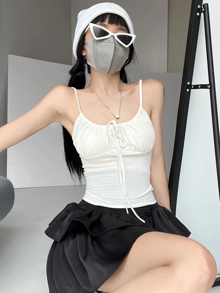 발레 소녀 매듭 화이트 스트랩 베스트 여성 여름 이너 핫걸 배꼽 노출 아우터웨어 스트릿 스타일 순수...