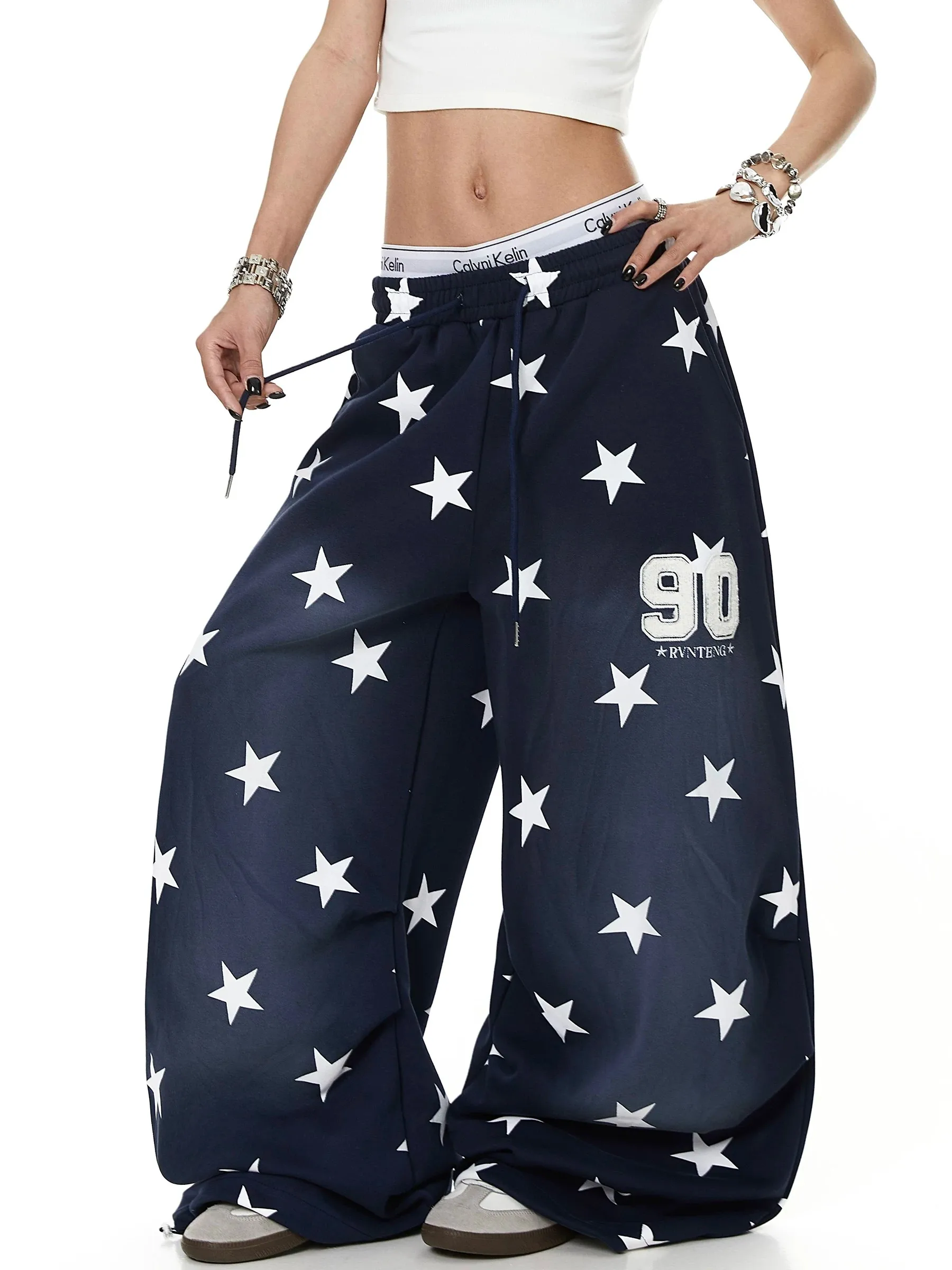 American Style Faded Gradient Star Print Sports Sweatpants Loose Drapey Casual Pants for Men And Women Harajuku Style Wide Le...