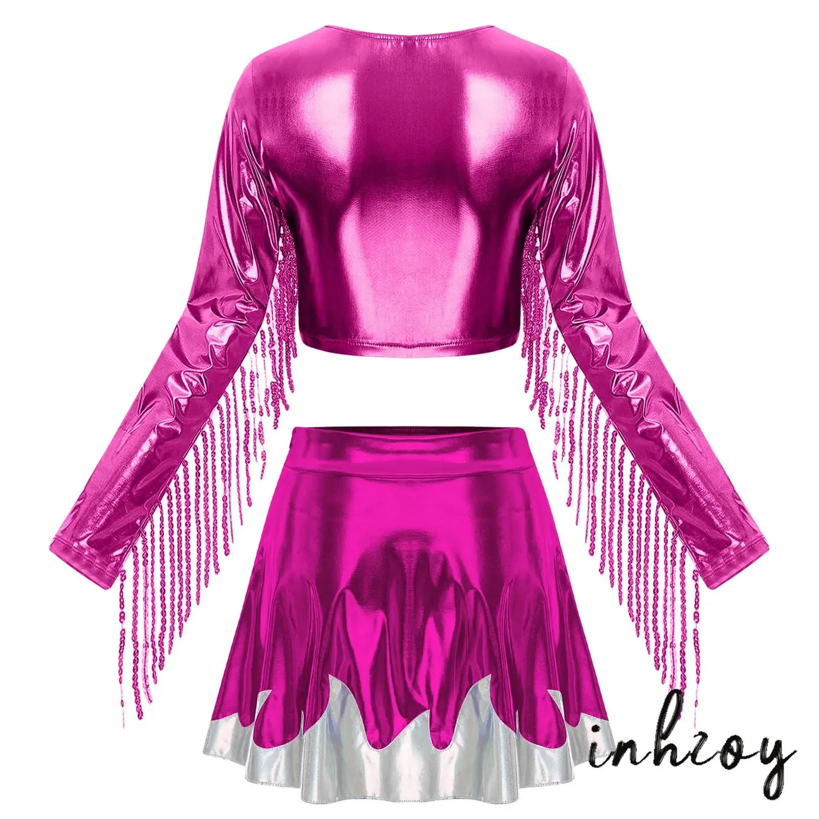 

Womens Sexy Metallc Shiny Pu Leather Tassel Long Sleeve Crop Tops+Contrast Color Pleated Mini Skirt for Club Raves Party Bar