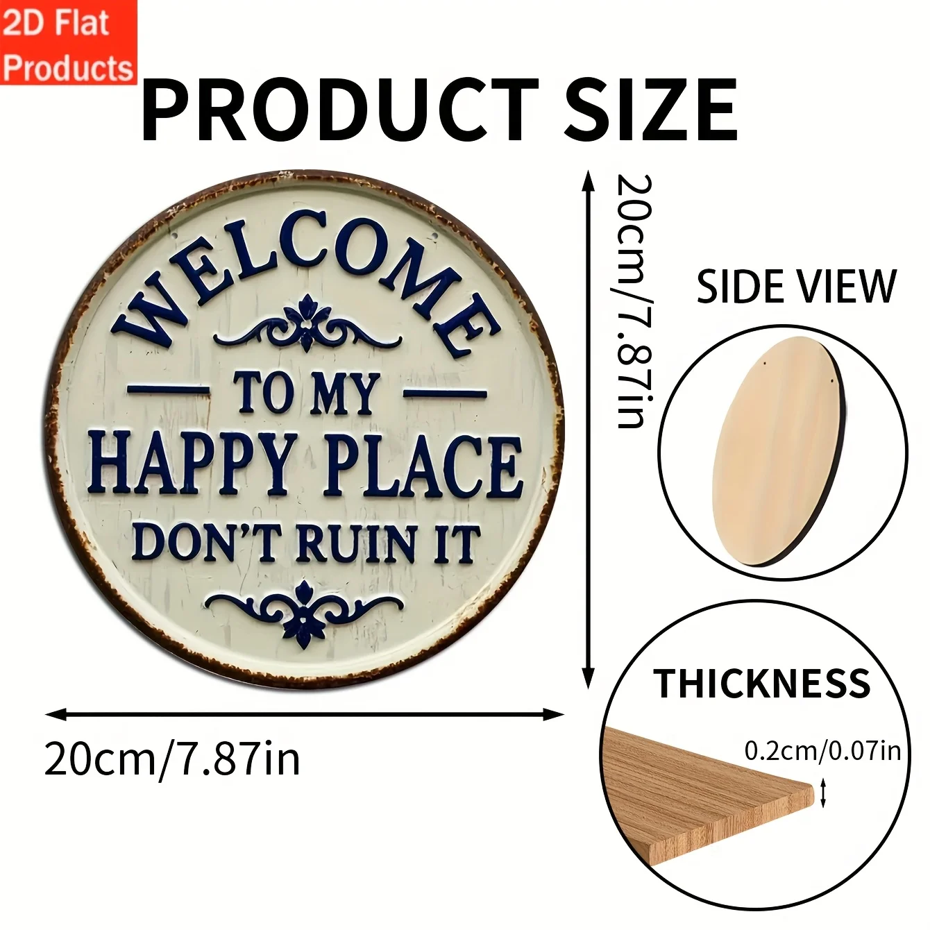 مسطح ثنائي الأبعاد، مرحبًا بكم في مكان سعيد لا تدميره" لافتة خشبية مستديرة عتيقة - لوحة زخرفية زرقاء وبيضاء ريفية للمنزل، Po #2