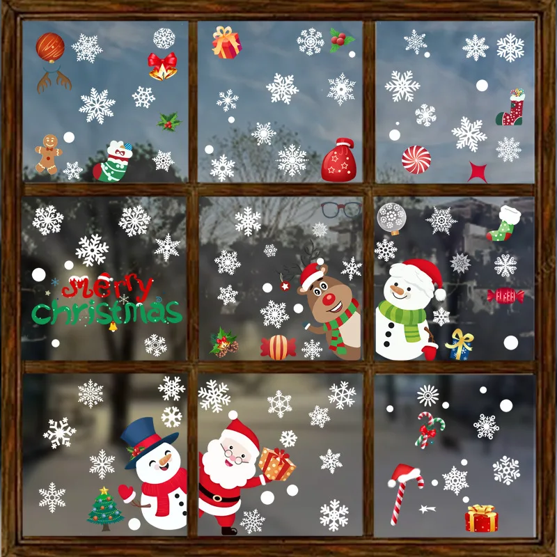 

30*20cm 8pcs Christmas Decorations Santa Claus Static Cling Snowflake Glass Door Window Flower Snowman Window Sticker New Style