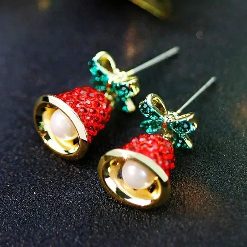 New Zircon Christmas Tree Earrings 2026 Bowknot Pearl Wind Chime Bell Earrings For Women Girls New Year Holiday Jewelry Gifts