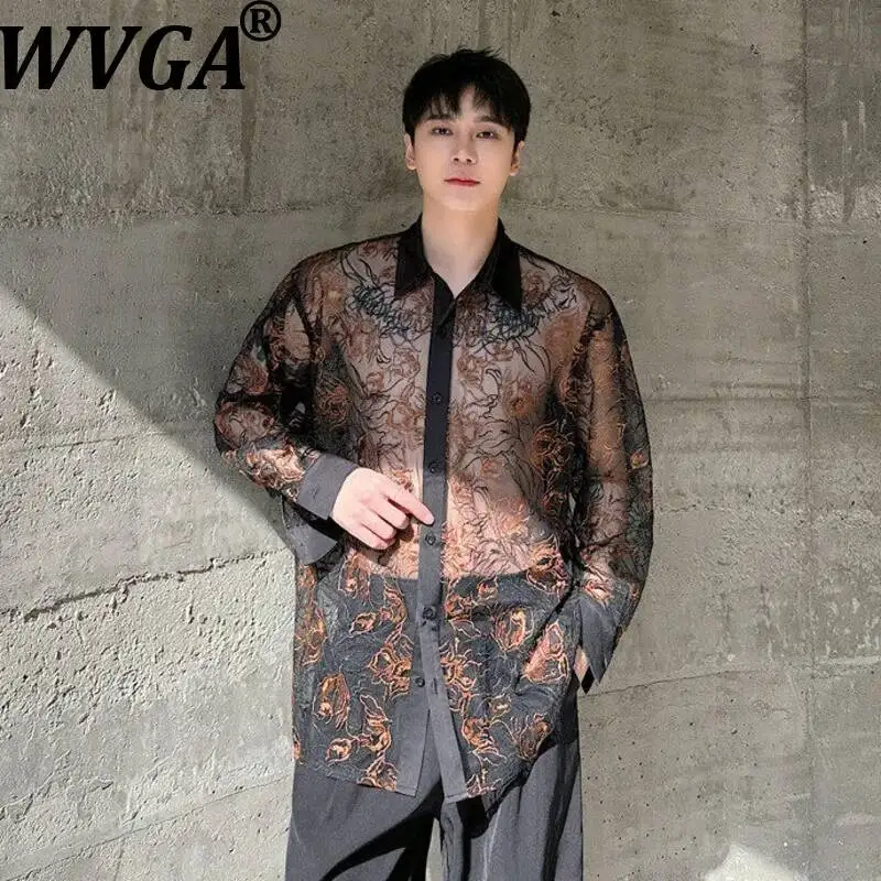 

WVGA Summer New Men Tide Streetwear Heavy Lace Woven Long Sleeved Shirt Trendy Semi-transparent Turn-Down Collar Tops Ins W24424