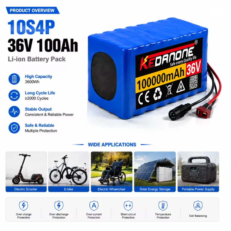 2026 10S4P 36V Lithium-Akkupack 100Ah 18650 Wiederaufladbare Batterie mit XT60-Stecker für Elektroroller und E-Bikes, EU-Lager