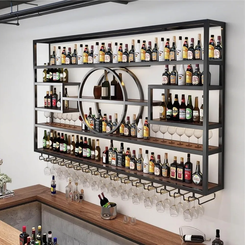 

63in Wine Rack Wall Mounted, Large Capacity Hanging Wine Bottles Display Shelf with Glasses Holder, 4 Tier Industrial Bar Liquor
