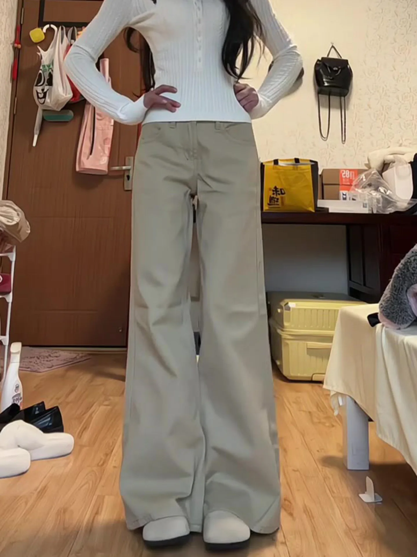 

Slimming High Waist Straight Leg Khaki Denim Jeans Women's Pear Shape Vintage Wide Leg Jeans Summer New Arrival American Style