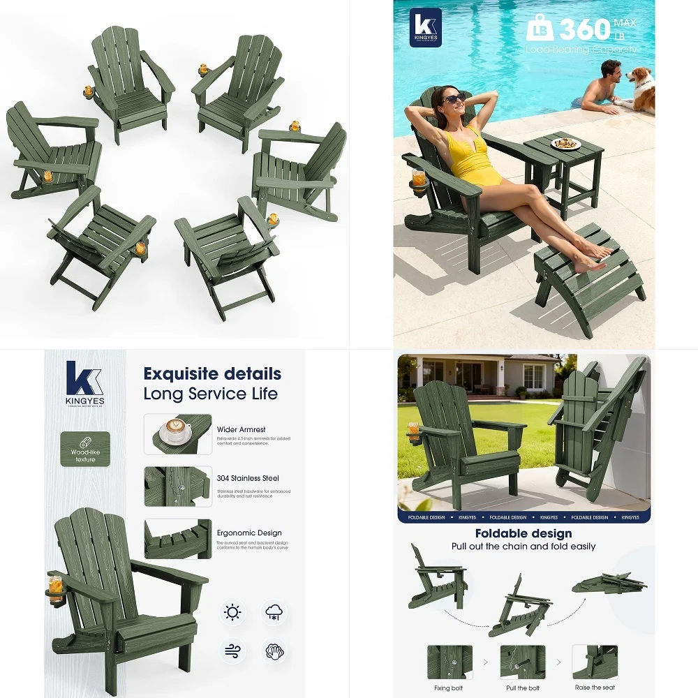 

Folding Adirondack Chair Set of 6, HDPE AllWeather Patio Chairs with Cup Holder, Wooden Textu Fire Pit Chairs for Poolside, Bac
