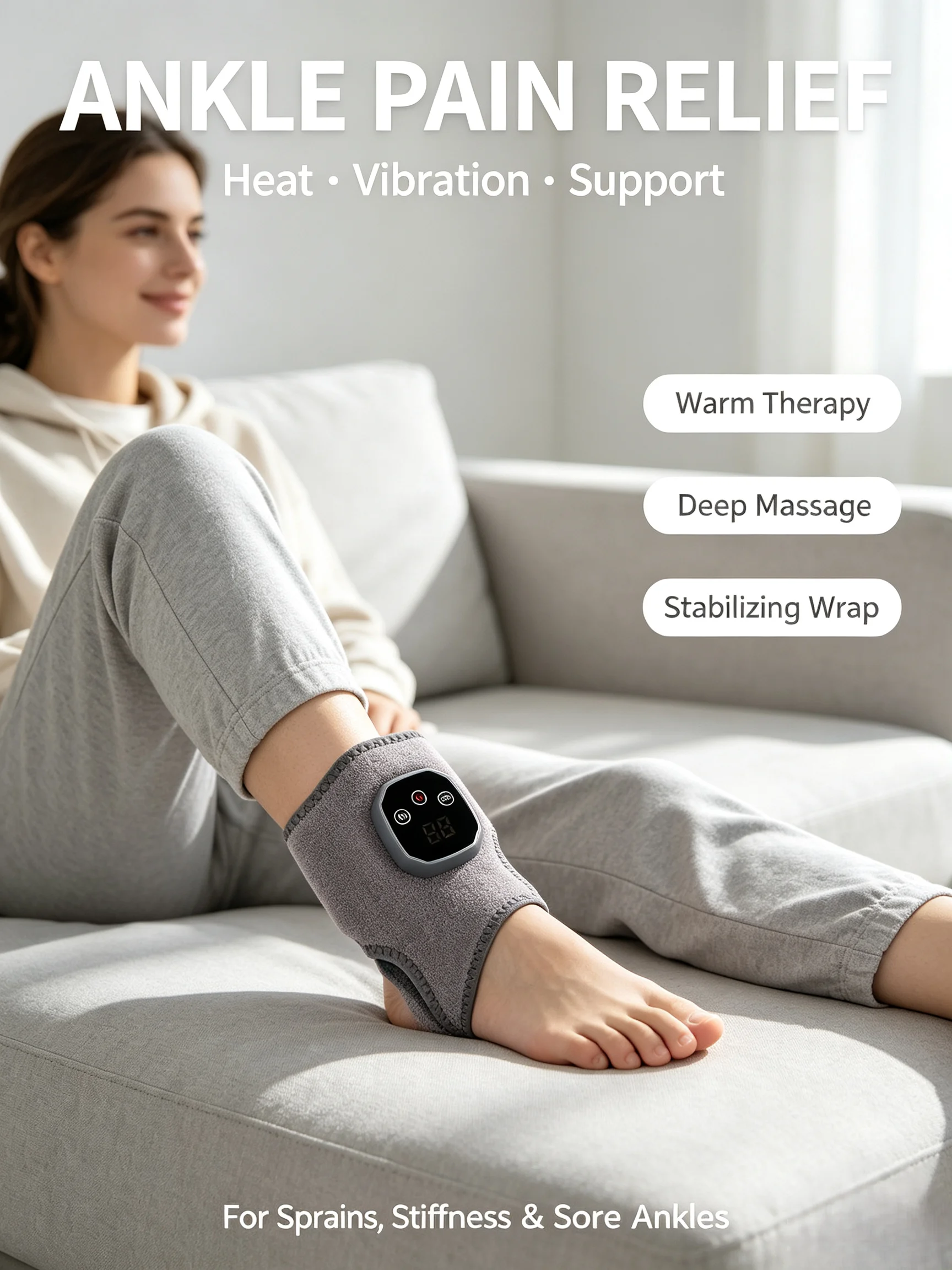 ANKLE PAIN RELIEF HEATED MASSAGE WRAP, Adjustable Heating Vibration Ankle Brace Support for Sprain Stiff Sore Ankle, Warm Therap