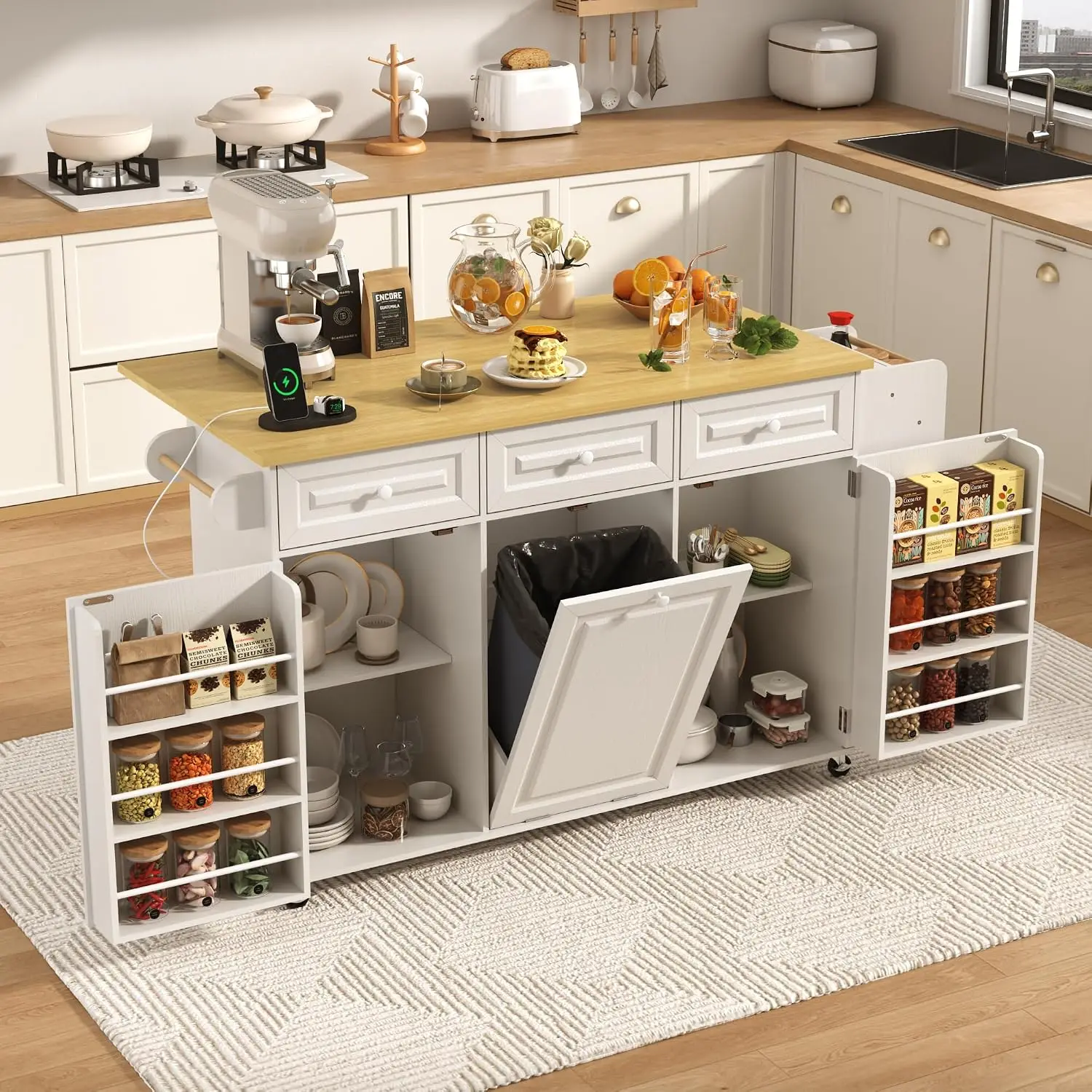 62 inch Kitchen Island Power Outlet Drop Leaf Storage Cabinet Mobile Cart Hidden Trash Spice Rack Shelves White, Customized